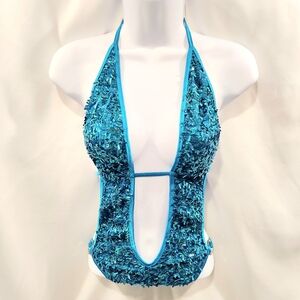 Metallic Blue Full Sequin Halter & Back Ties Backless Full Plunge Scrunch Butt